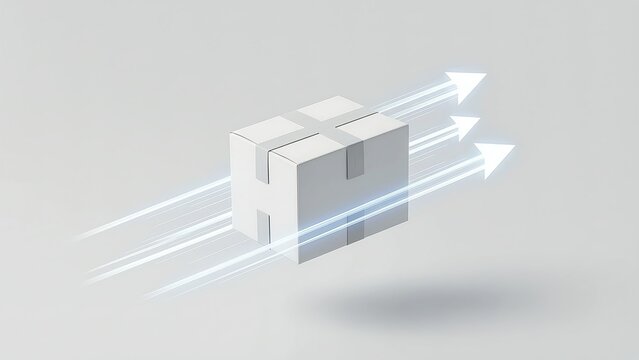 Fast Express Parcel Delivery Box With Speed Motion Light Arrows For E-Commerce Logistics, Priority Shipping Service, Cargo Transportation, And Rapid Order Fulfillment Concept On Minimalist Background
