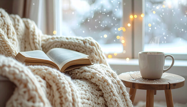 Cozy winter reading nook with a chunky knit blanket, an open book and a steaming mug by a snowy window, copy space