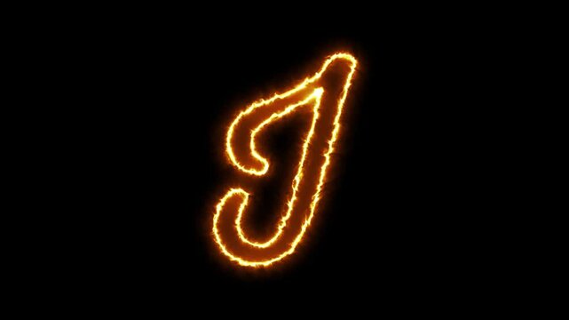 Glowing fire letter j animation, burning alphabet character with orange flame effect on black background