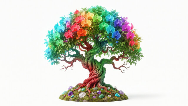 Magical rainbow orchid tree with vibrant colorful blossoms illustration