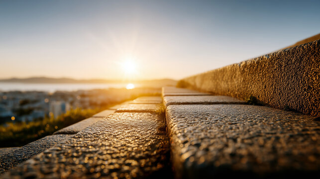Rough stone parapet leading toward the low evening sun