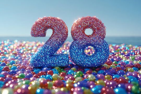 Number twenty eight glitter digits covered in colorful sparkling textures standing outdoors against sky surrounded by bright festive multicolored decoration balls