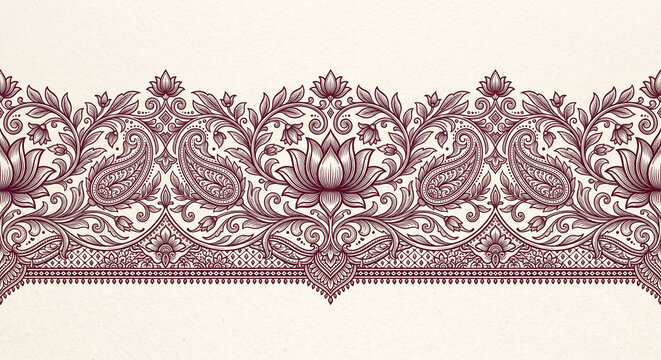 Ornate maroon floral and paisley lace border design on cream background, intricate hand-drawn pattern.