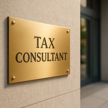 Gold tax consultant plaque fixed beside a recessed office entrance