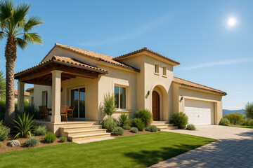 Obraz premium Mediterranean style house with a palm tree and green lawn