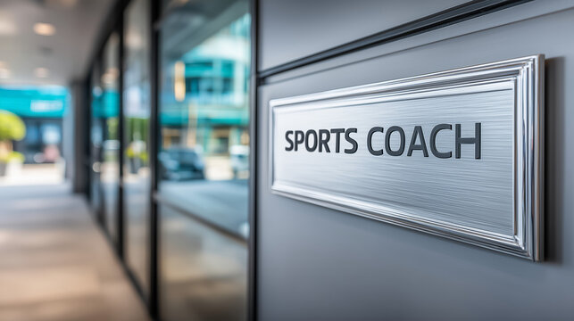 Framed sports coach sign stands beside glass office frontage