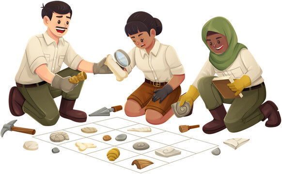 Archaeology Team Cataloging Ancient Artifacts Illustration
