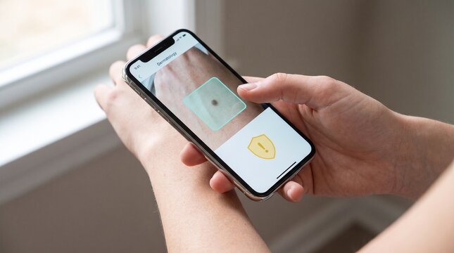 Hand Using AI Dermatology App to Scan Skin Mole on Smartphone