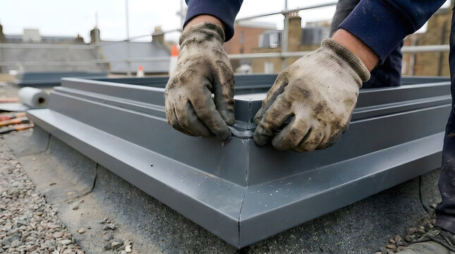 Worker Applying Sealant Tape To Metal Skylight Frame On Roof | Professional Rooftop Waterproofing Sealing Metal Frame Joints | Construction Worker Installing Weatherproof Seal On Glass Skylight