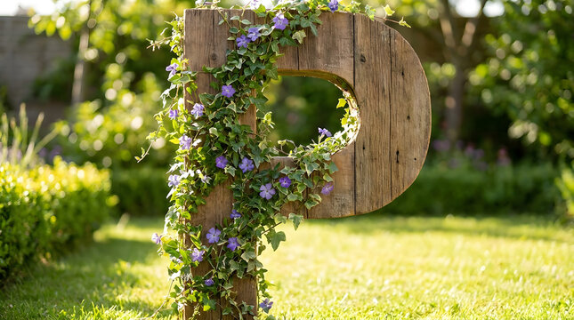 Large Wooden Letter P Covered In Purple Flowering Vines | Decorative Garden Wooden Letter P Wrapped In Greenery Leaves | Wooden Letter P Plant Display In Sunny Backyard Lawn