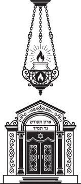 Black and white illustration of a jewish synagogue aron kodesh with an eternal flame hanging lamp icon Vector