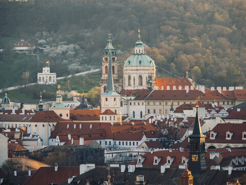 Historic rooftops and church spires bathed near hillside gardens in Prague
