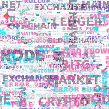 Seamless crypto blockchain pattern with finance text and symbols