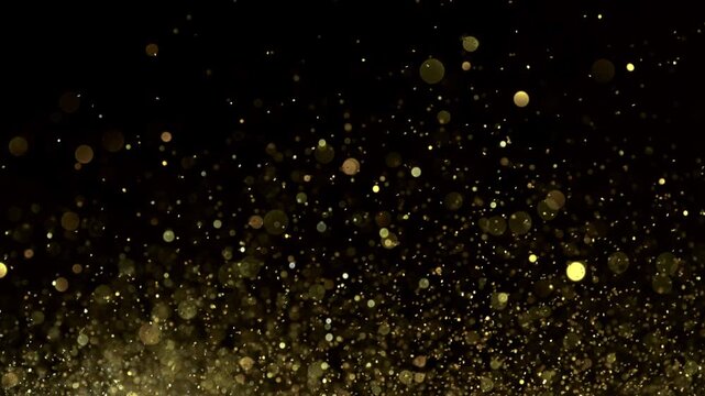 Abstract golden glitter particles flying through the air in super slow motion on a black background, captured at 1000 fps to reveal intricate movement, sparkle, texture, and dynamic detail