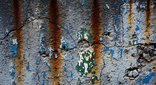 Weathered concrete wall with flaking paint and rust streaks, textured and cracked