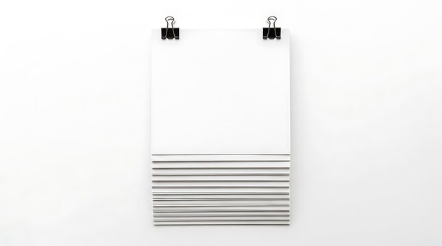 Stack of blank white paper sheets held together by two black metal binder clips for office notes. bibliography layout