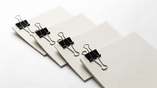 Four stacks of blank white papers held together with black metal binder clips in a row. bibliography layout, 