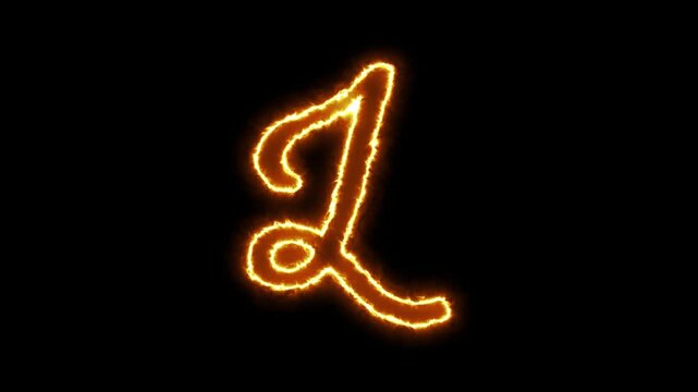 Glowing fire letter l animation, burning calligraphy alphabet symbol on black background, flame