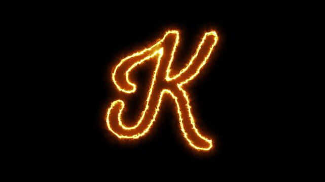 Animated letter k with golden fire effect, glowing burning alphabet character on black background flame