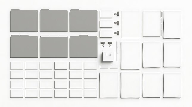 Set of grey office file folders paper sheets and metal binder clips for organization and documents. bibliography layout