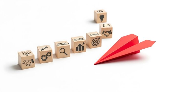 Wooden blocks with business-related icons arranged in a path towards a red paper airplane