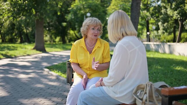 Two elderly women converse on a bench in a park, with lush greenery and trees providing a serene backdrop in a bright outdoor environment