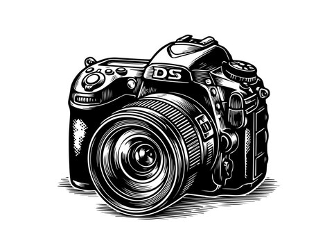 Detailed engraving style of a digital slr camera on a white background, dslr lens equipment