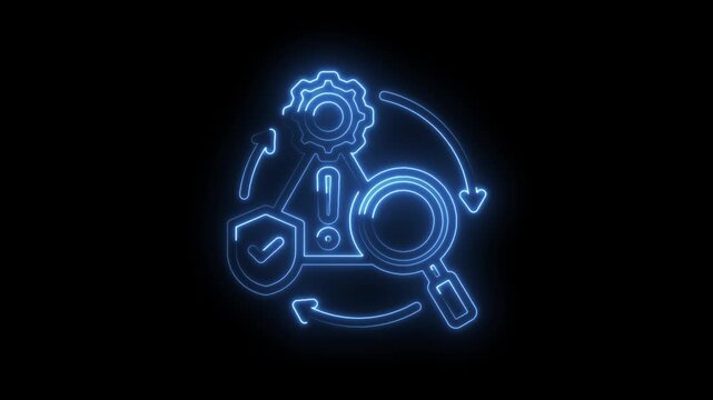 Blue neon abstract icons representing process optimization quality assurance risk management and
