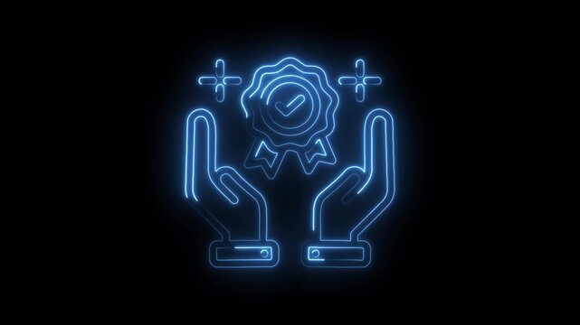 Neon blue glowing icon of hands holding a certified quality award medal with checkmark and plus