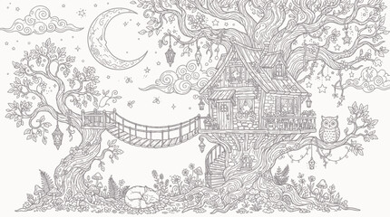 Fototapeta premium Enchanted treehouse coloring page with a crescent moon stars owl and a sleeping fox in the forest