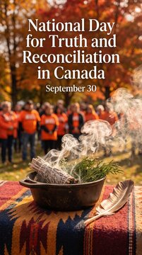 poster for National Day for Truth and Reconciliation in Canada, September 30. Traditional indigenous smudging ceremony with sage and blurred crowd in orange shirts