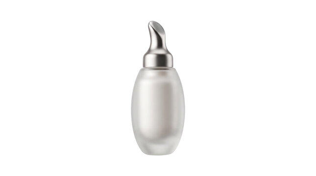 Luxury cosmetic bottle with silver applicator, frosted glass serum container for premium skincare, elegant beauty product packaging isolated PNG with Transparent Background