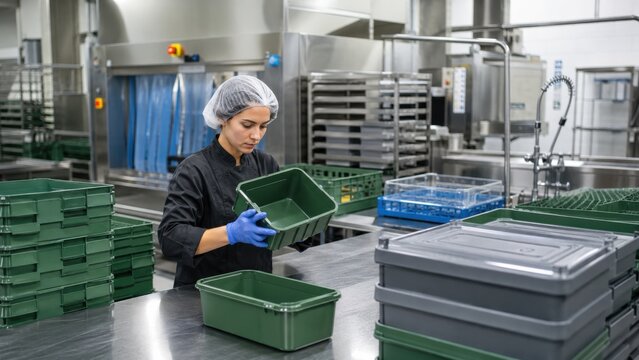 Worker prepares empty containers in a commercial kitchen during a busy shift focused on food service tasks in a large facility