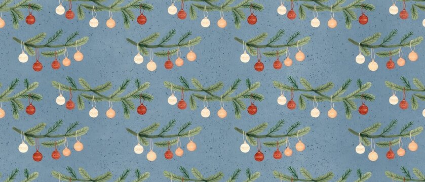 Seamless Christmas pattern featuring watercolor pine branches and festive baubles on a blue textured background, repeating winter holiday wallpaper design