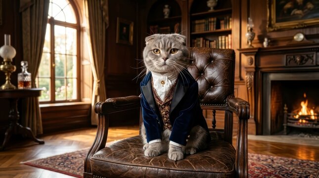Scottish Fold cat wearing a Victorian velvet tuxedo sitting in a leather armchair inside a classic library with a fireplace, sophisticated pet portrait for whimsical interior decor