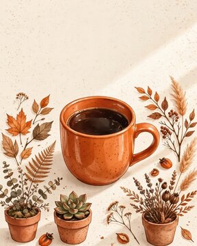 Ceramic mug with black coffee surrounded by autumn leaves, dry plants, and potted succulents on a textured beige background, cozy seasonal lifestyle