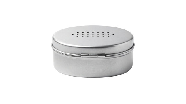 Brushed aluminum round tin box with perforated lid, silver metal container for storage, industrial steel canister for packaging isolated PNG with Transparent Background