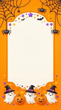 Cute Halloween Party. Festive Halloween frame with smiling ghosts, carved pumpkins, spiders, bats, and stars, vertical background for party invitations