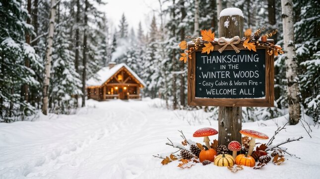 Cozy Thanksgiving Woodland. Chalkboard sign in a snowy forest with a rustic cabin, inviting guests to a holiday gathering in the winter woods.