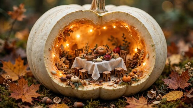 Miniature Thanksgiving dinner inside a carved pumpkin