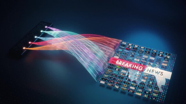 Breaking news headlines emerge across a multimedia data wall as luminous network strands feed the screen in a cinematic tech scene for newsroom branding and digital advertising.