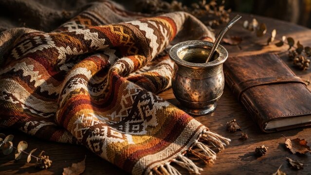 Yerba mate gourd with bombilla, woven poncho, and leather notebook on a wooden table, Dia de la Tradicion, Argentine culture heritage celebration