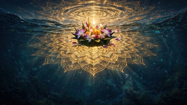 Krathong with glowing candle and golden mandala pattern on water, Loy Krathong festival, spiritual ceremony for peace and gratitude