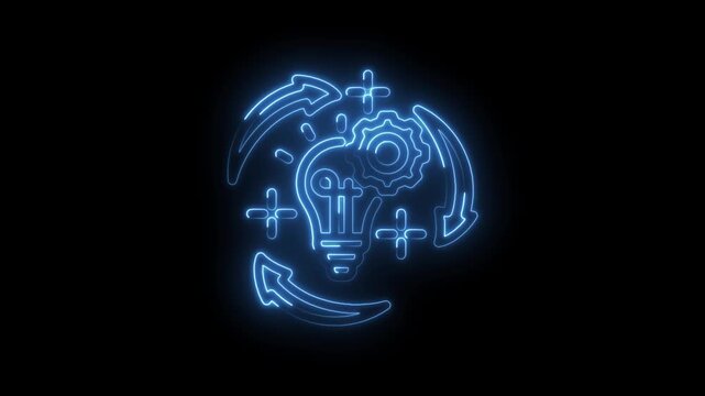 Neon light bulb gear and arrows cycle glowing animation representing innovation process idea... icon
