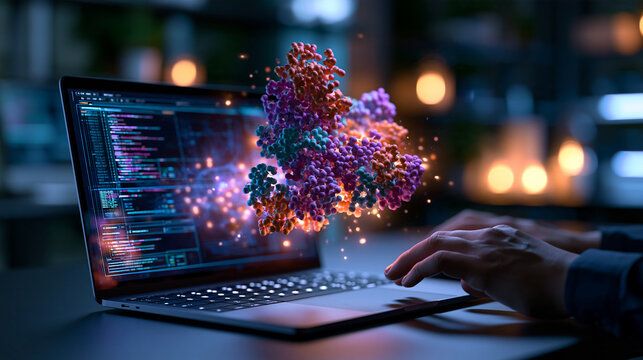 Protein folding model floating above workstation highlighting bioinformatics computational biotechnology and AI driven molecular science