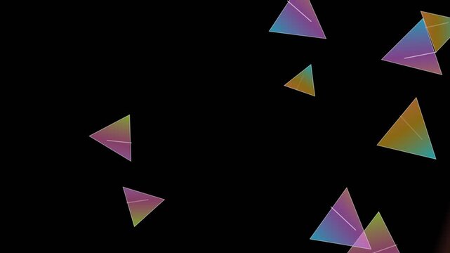 Tumbling prism shards refracting rainbow light on black
