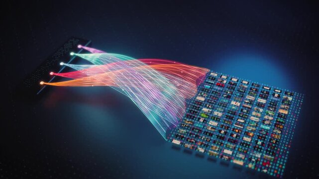 Colorful light trails carry information from glowing nodes into a vast media matrix against a dark blue background, a cinematic high-speed network visual for digital business ads.