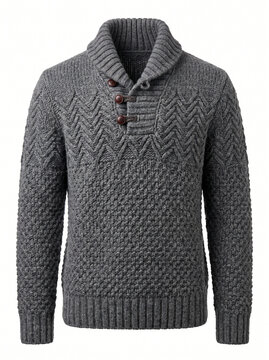 Knitted sweater, grey wool pullover, winter clothing, apparel, cozy fashion, warm texture, shawl collar, button placket, isolated background