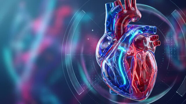 Futuristic transparent 3D heart pulses as red and blue blood flow moves through the cardiac pathways. Medical visualization of heartbeat, circulation and cardiovascular function.