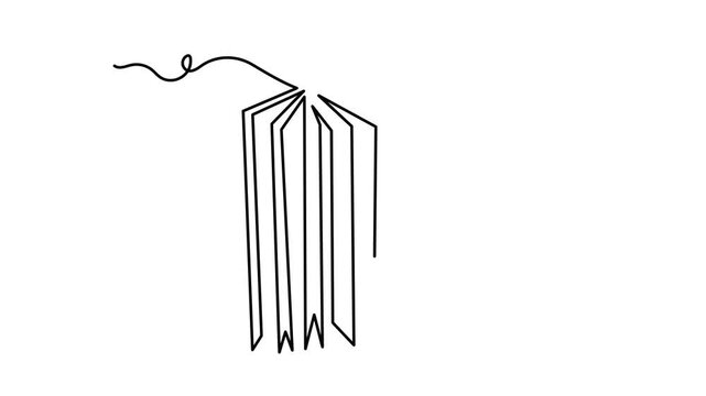 Open book with flipping pages one line art animation, continuous line drawing reading education library motion, knowledge learning literature education 4k self-drawing video
